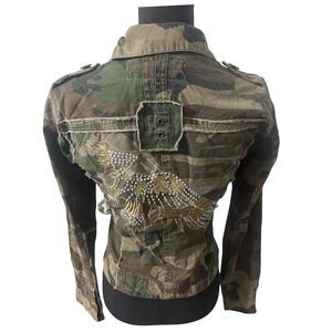Y2K Vintage 90s Green Camo Sequin Eagle Alt Punk Streetwear Biker Denim Jacket S